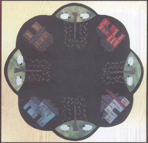 Pattern: SALTBOX TABLE Mat by Lisa Bongean of Primitive Gatherings - Applique - Sheep - Saltbox Houses - Willow Trees - PRI-187 - 22" x 22"