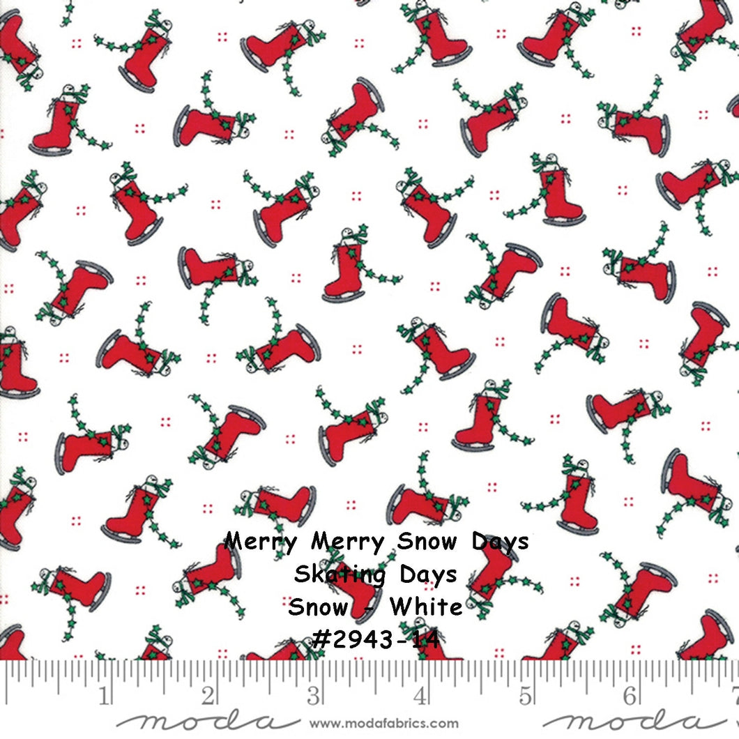 MERRY MERRY SNOW Days - #2943-14 - Skating Days - White  -1/2 Yard - Bunny Hill Designs for Moda-Christmas - Holiday - Winter -Snowmen - Red