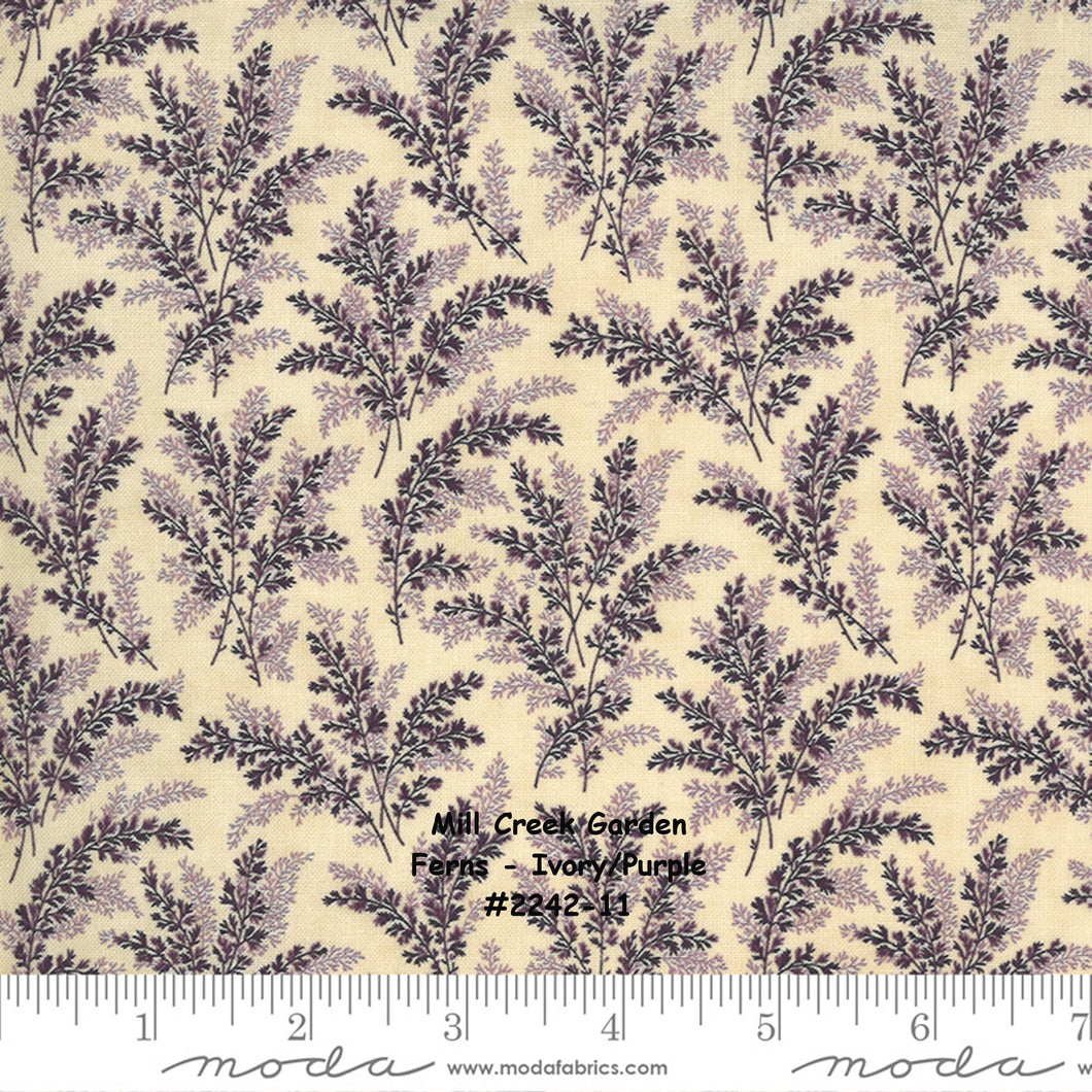 MILL CREEK GARDEN - #2242-11 - Ferns - Ivory and Purple - One Half Yard - by Jan Patek for Moda - Purple - Green - Tan - Classic